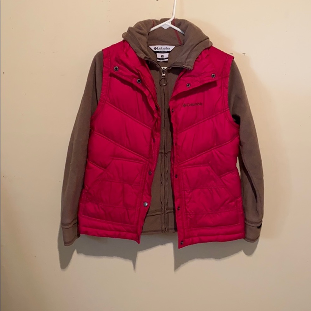 Hot pink Columbia Omni-Shield Vest with Brown Fleece Hoodie size M